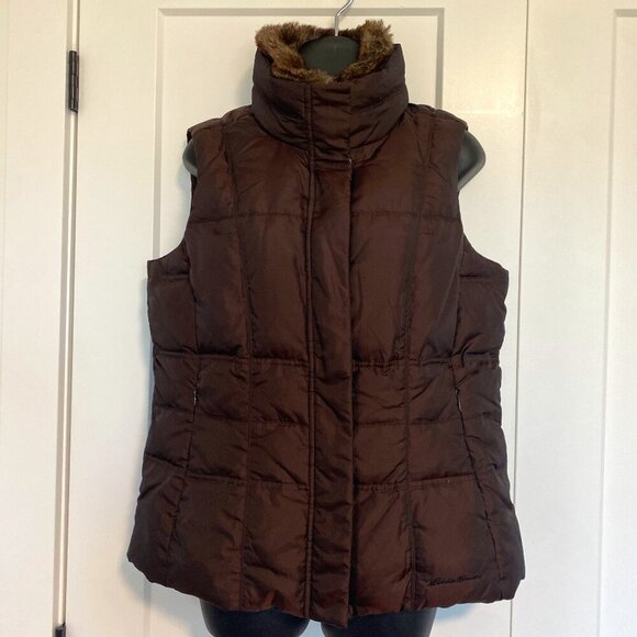 Eddie Bauer Premium Goose Down Puffer Vest Dark Brown Snap Zip Close Size Medium - Picture 1 of 7
